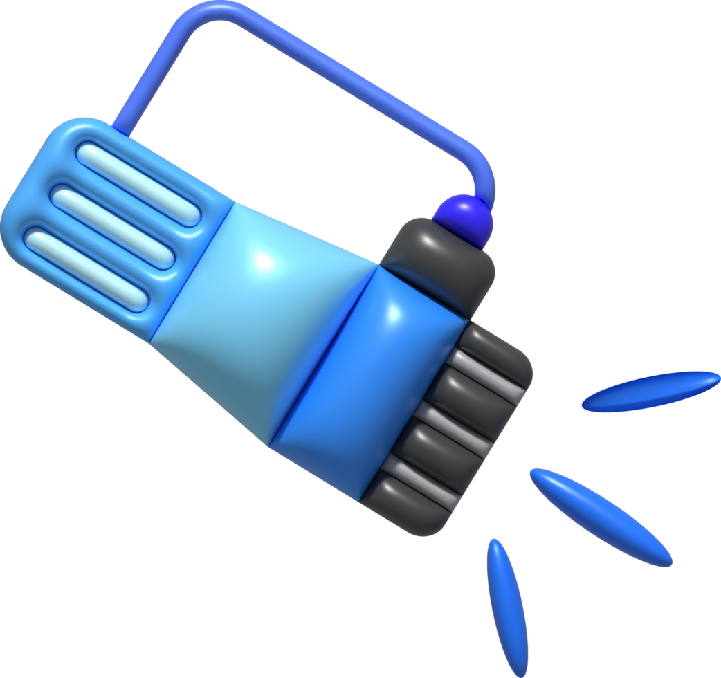 3d illustration flashlight with a bright beam. Electric lamp battery powered. Pocket flashlight png
