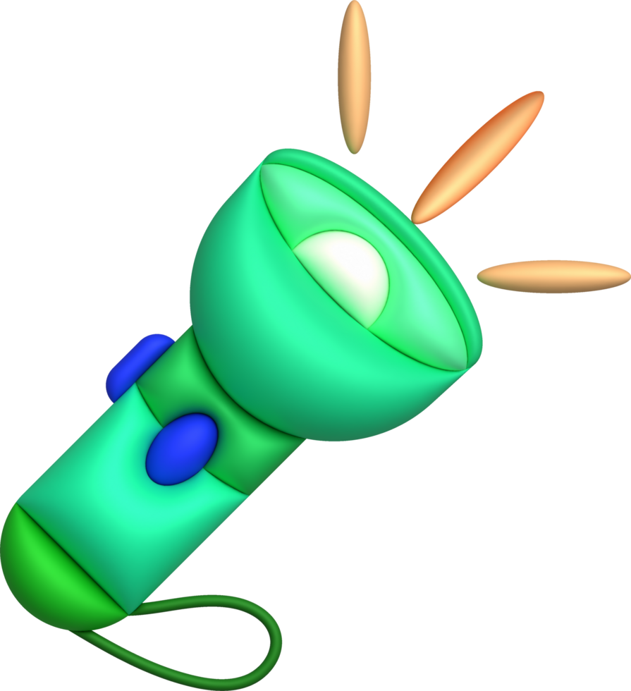 3d illustration flashlight with a bright beam. Electric lamp battery powered. Pocket flashlight png