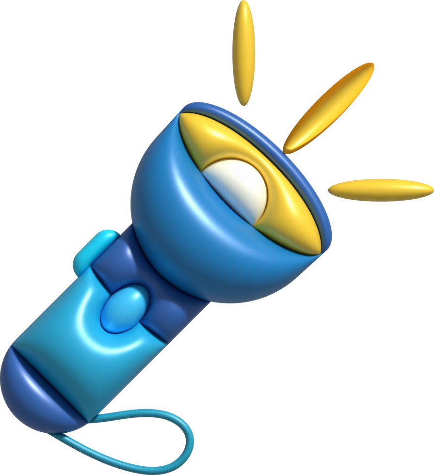 3d illustration flashlight with a bright beam. Electric lamp battery powered. Pocket flashlight png