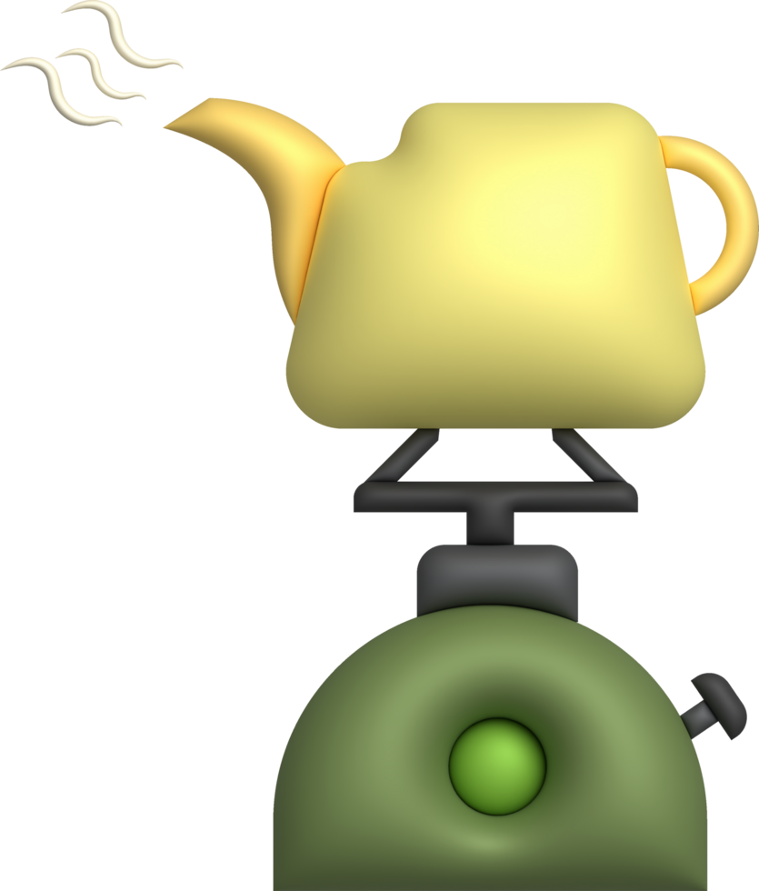 3D Illustration. Kettle is placed on a vintage picnic gas stove for travel camping. png