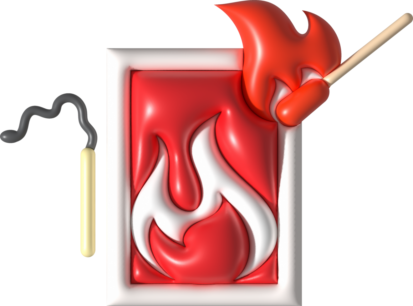 3d illustration burning match with fire, opened matchbox, burnt