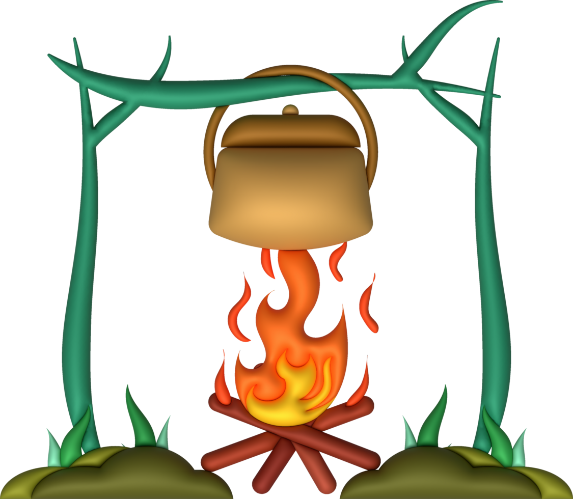 3d illustratie. camping fornuis Koken pot. Aan een houtgestookt brand. png