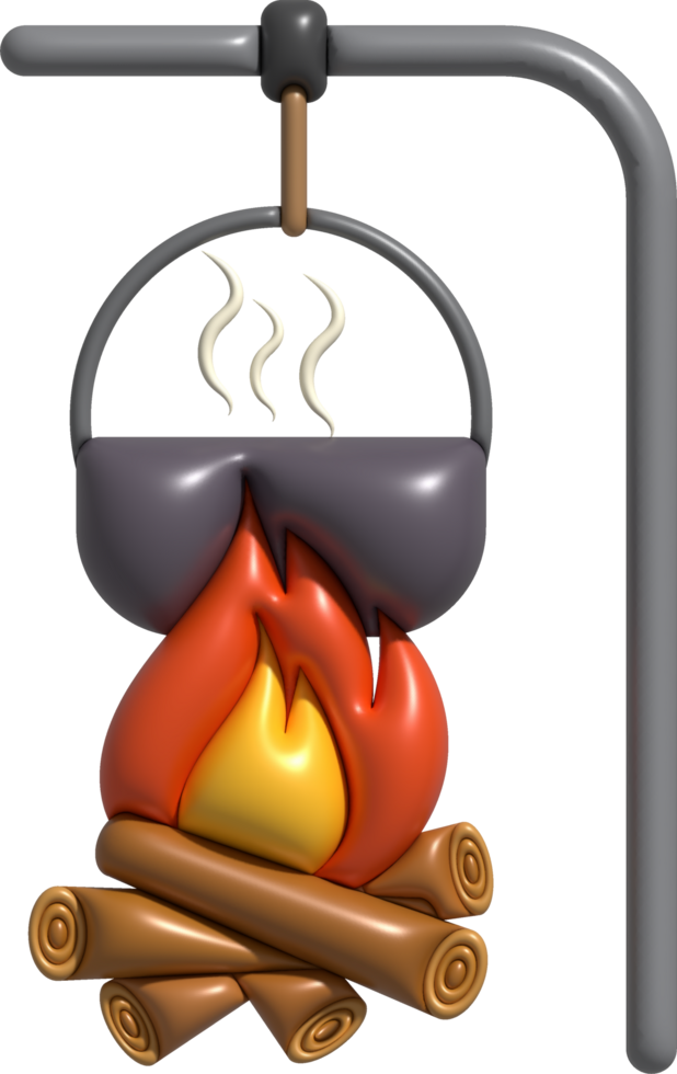 3D illustration. Camping stove cooking pot. On a wood-fired fire. png