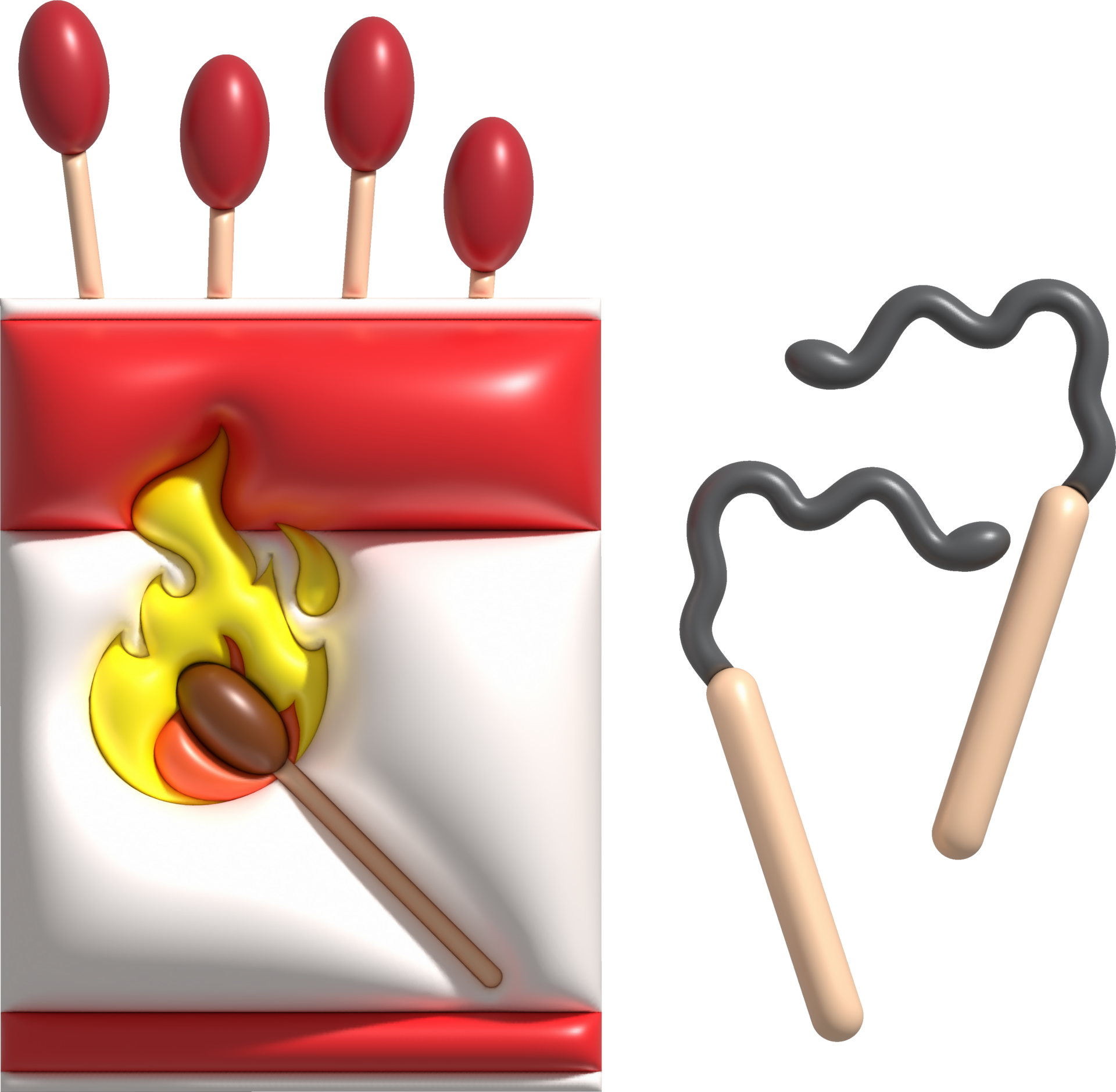 3d illustration burning match with fire, opened matchbox, burnt