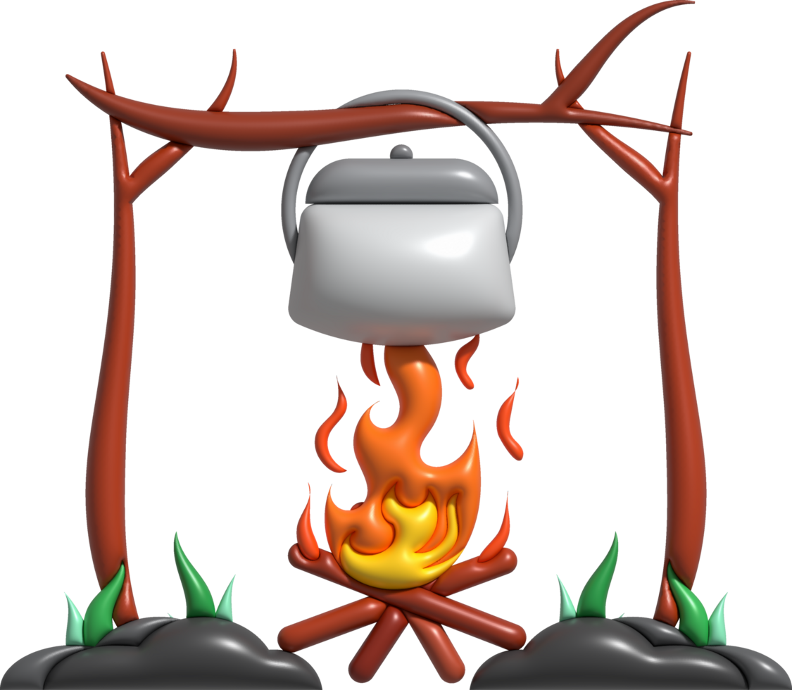 Campfire with Tripod and Cooking Pot 3D, Incl. food & fire - Envato Elements