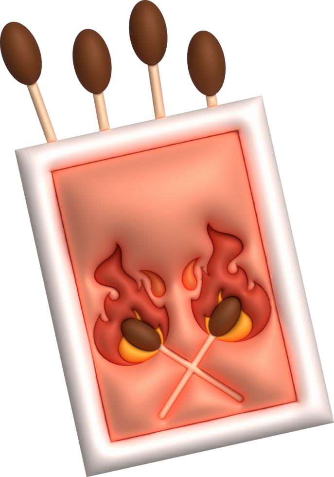 3d illustration burning match with fire, opened matchbox. png