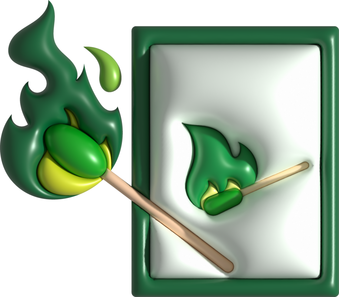3d illustration burning match with fire, opened matchbox, burnt