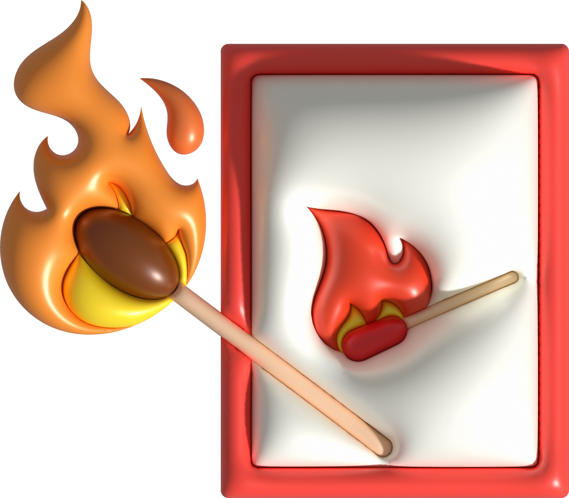 3d illustration burning match with fire, opened matchbox, burnt