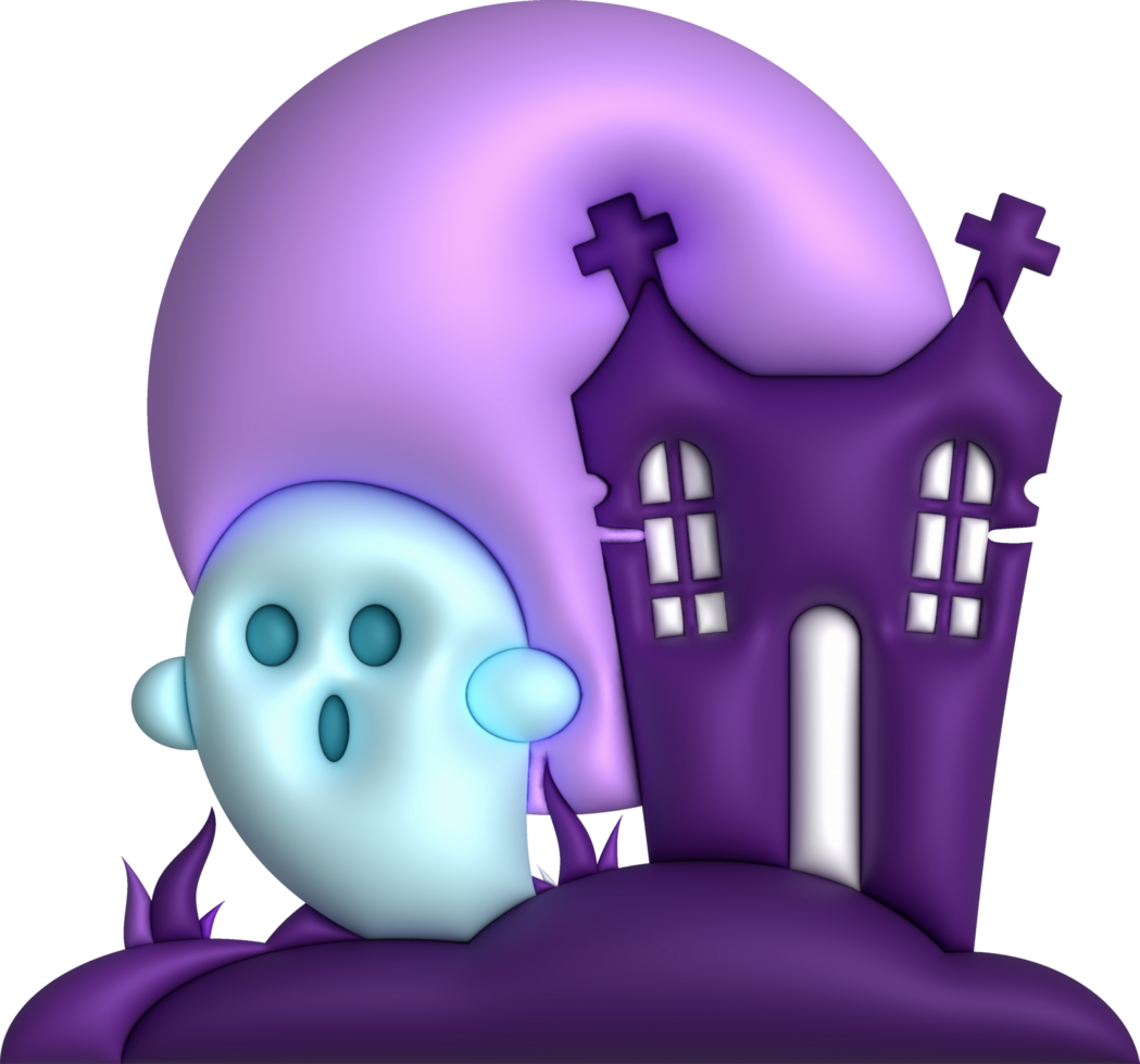 3D illustration. Halloween castle. with a tombstone and a cute little ghost full moon png