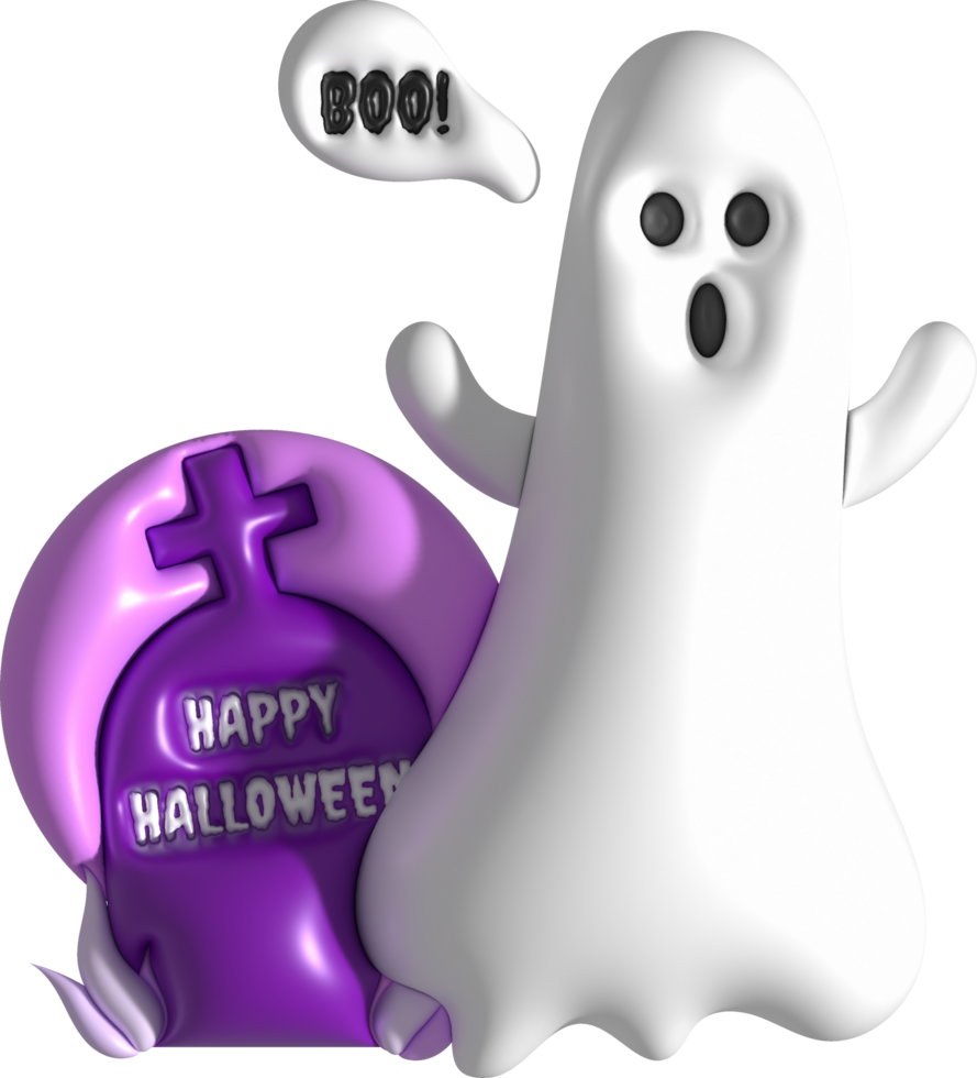 3d illustration. Halloween cute little ghost and grave cemetery Boo. png