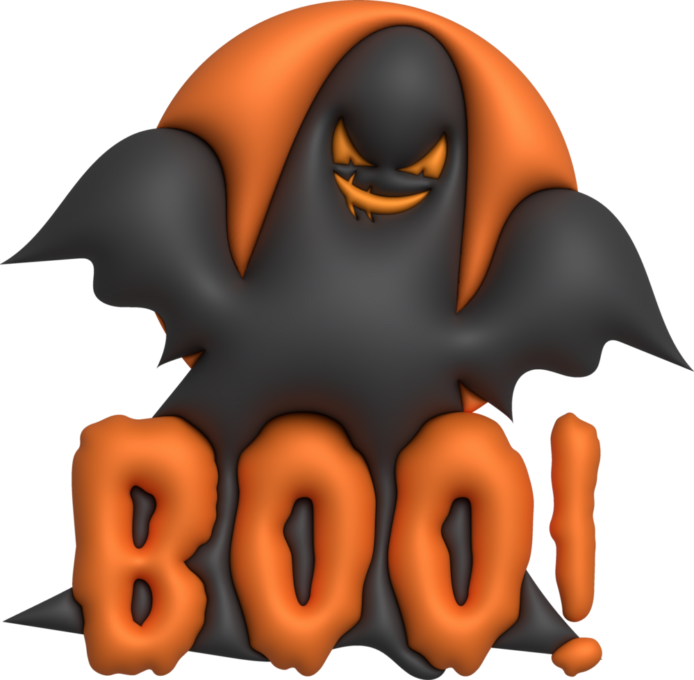 3D illustration. Halloween cute little ghost and boo lettering. and full moon png