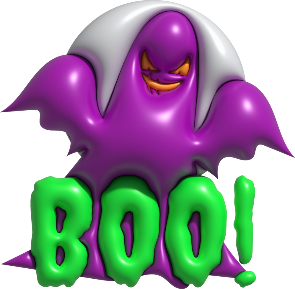 3D illustration. Halloween cute little ghost and boo lettering. and full moon png
