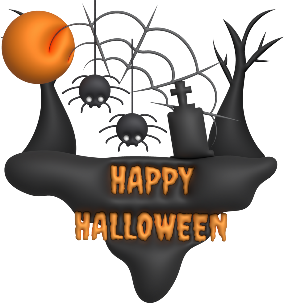3D illustration. Button icon. Island with Happy Halloween text. Spiders and cobwebs. Dry trees. Grave cemetery. png