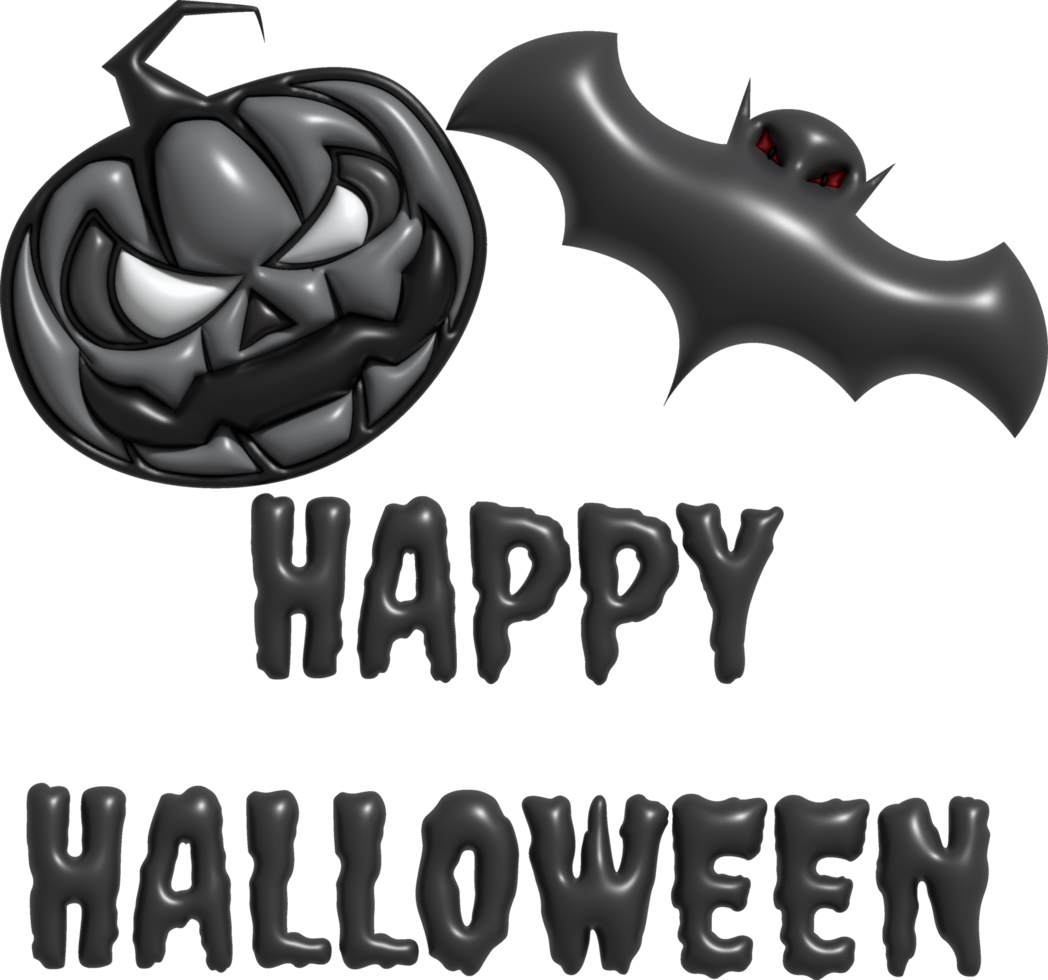 3D illustration. Happy Halloween text. and ghost pumpkins and bats png