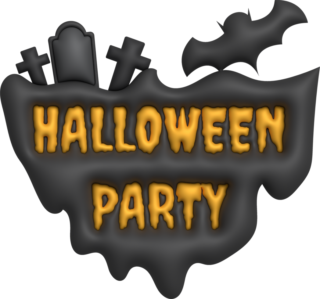 3D illustration. Island icon with Halloween party text. and on top are tombs, tombs and bats. png