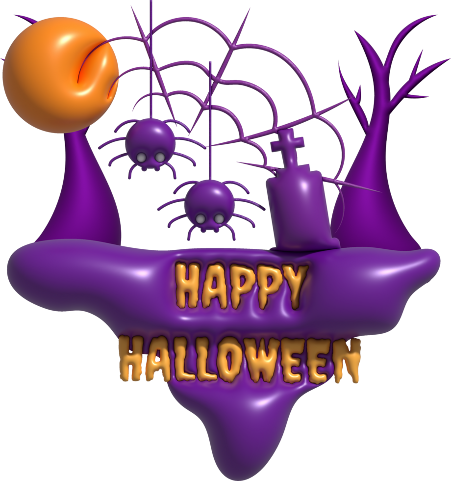 3D illustration. Button icon. Island with Happy Halloween text. Spiders and cobwebs. Dry trees. Grave cemetery. png