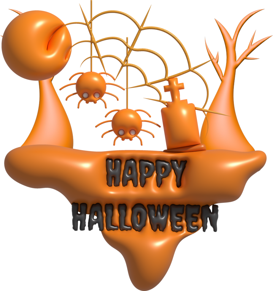 3D illustration. Button icon. Island with Happy Halloween text. Spiders and cobwebs. Dry trees. Grave cemetery. png