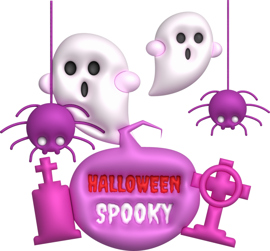 3d illustration halloween Spooky text and grave tombstone cute little ghost spider webs png