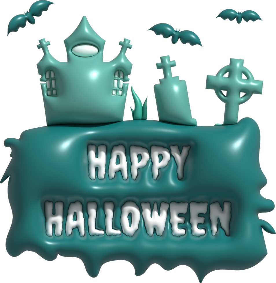 3d illustration halloween castle with Happy halloween text and grave cemetery bat png