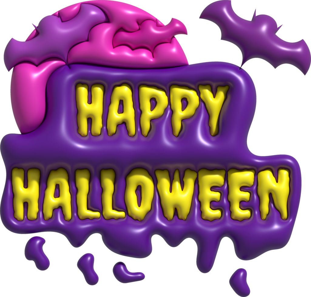 3D illustration. Happy Halloween text. and full moon and bats png