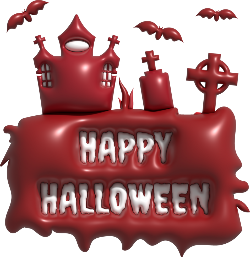 3d illustration halloween castle with Happy halloween text and grave cemetery bat png