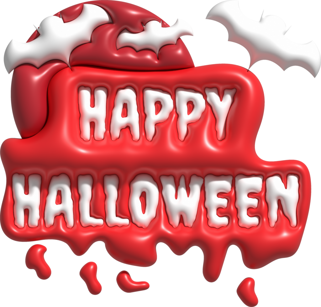 3D illustration. Happy Halloween text. and full moon and bats png