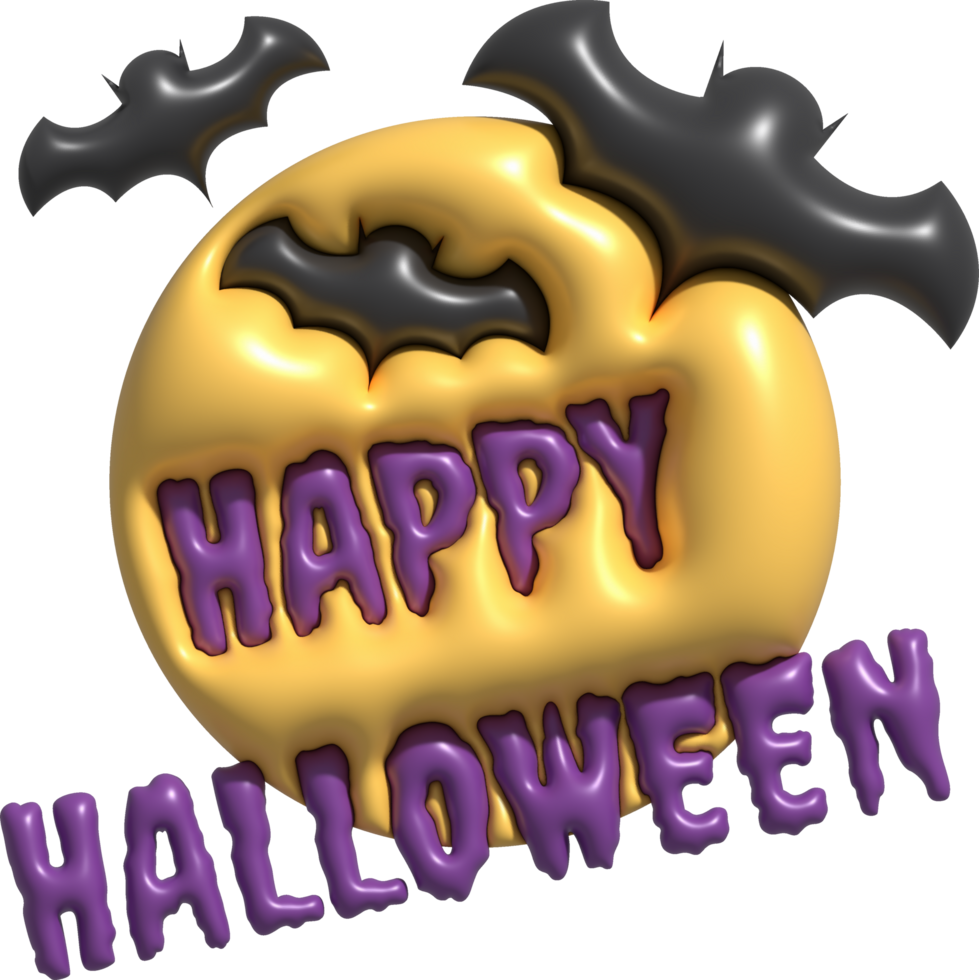 3D illustration. Happy Halloween text. and full moon and bats png