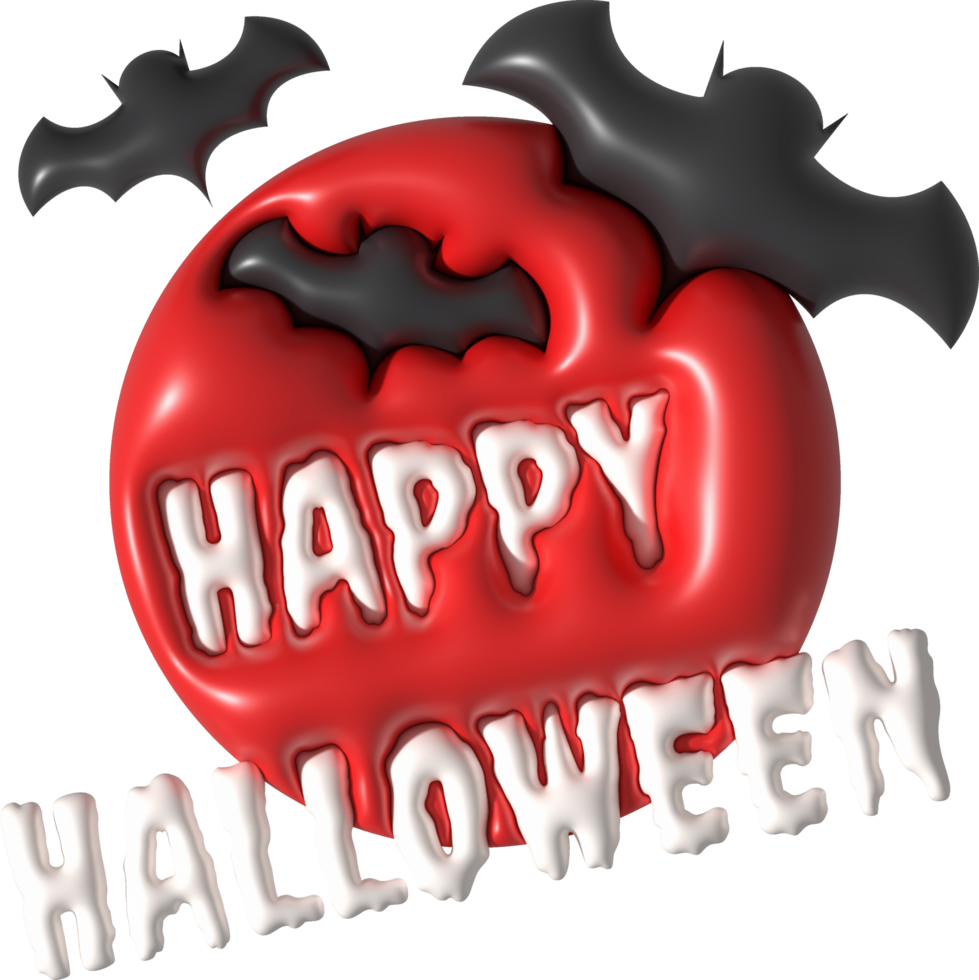 3D illustration. Happy Halloween text. and full moon and bats png