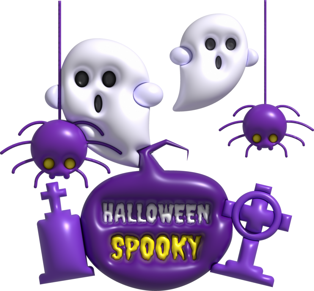 3d illustration halloween Spooky text and grave tombstone cute little ghost spider webs png