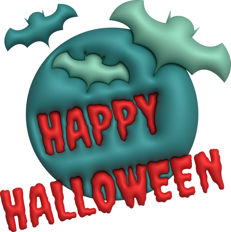 3D illustration. Happy Halloween text. and full moon and bats png