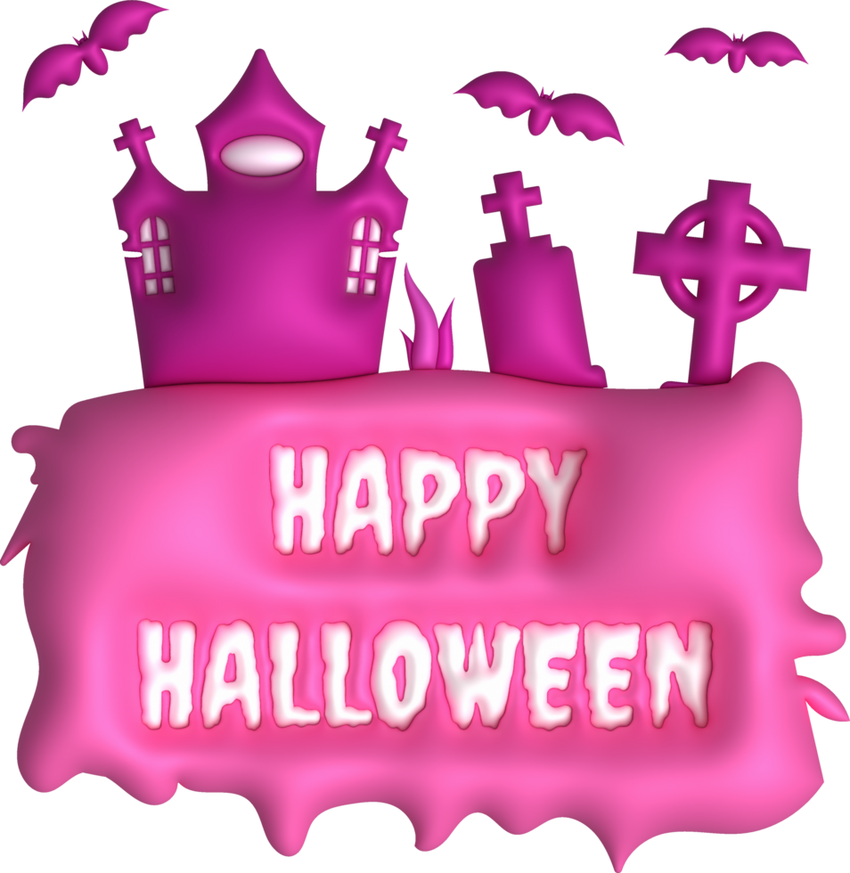 3d illustration halloween castle with Happy halloween text and grave cemetery bat png