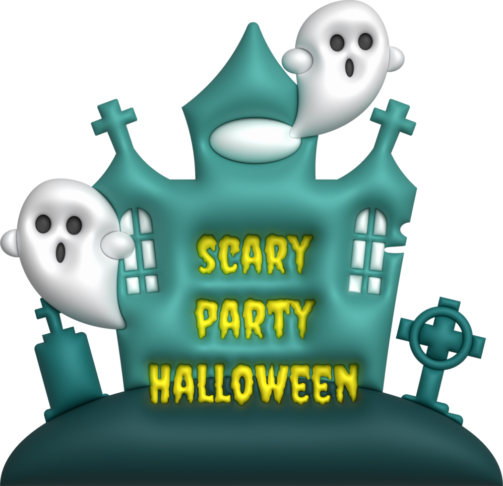 3d illustration halloween castle with scary party halloween text and cute little ghost grave cemetery png