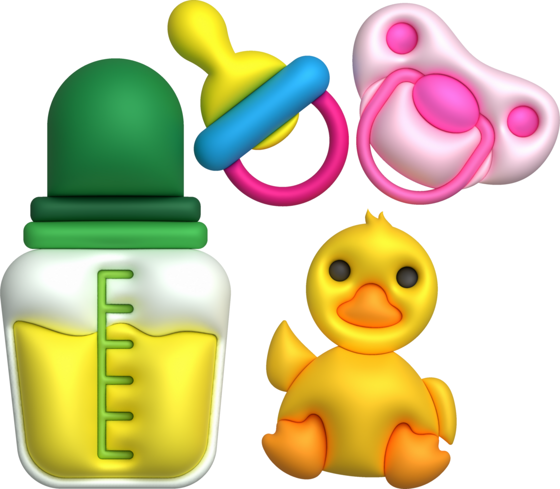 3d icons. Baby feeding bottle. Nutrition in plastic container for newborn. Baby pacifier and baby duckling toy. png