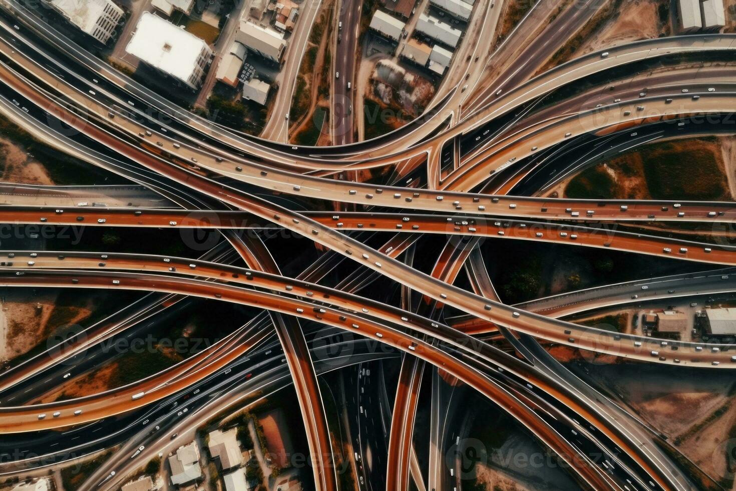 Autopista parte superior vista. aéreo ver de autopista multi nivel unión intercambio la carretera. generativo ai foto