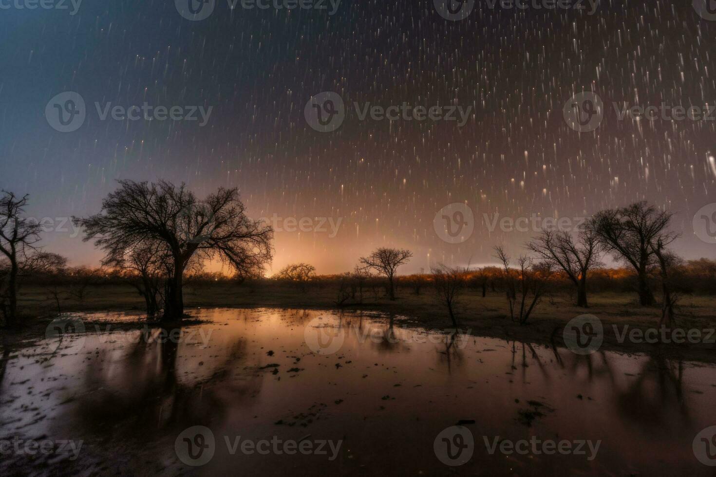 Meteor rain above the trees. Stream of meteorites. Landscape with falling stars. Generative AI photo