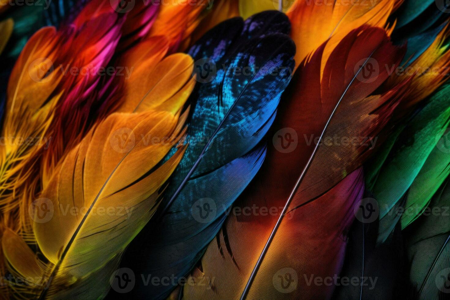 Colorful feathers background. Feather pattern. Collage print with feather texture. Generative AI photo