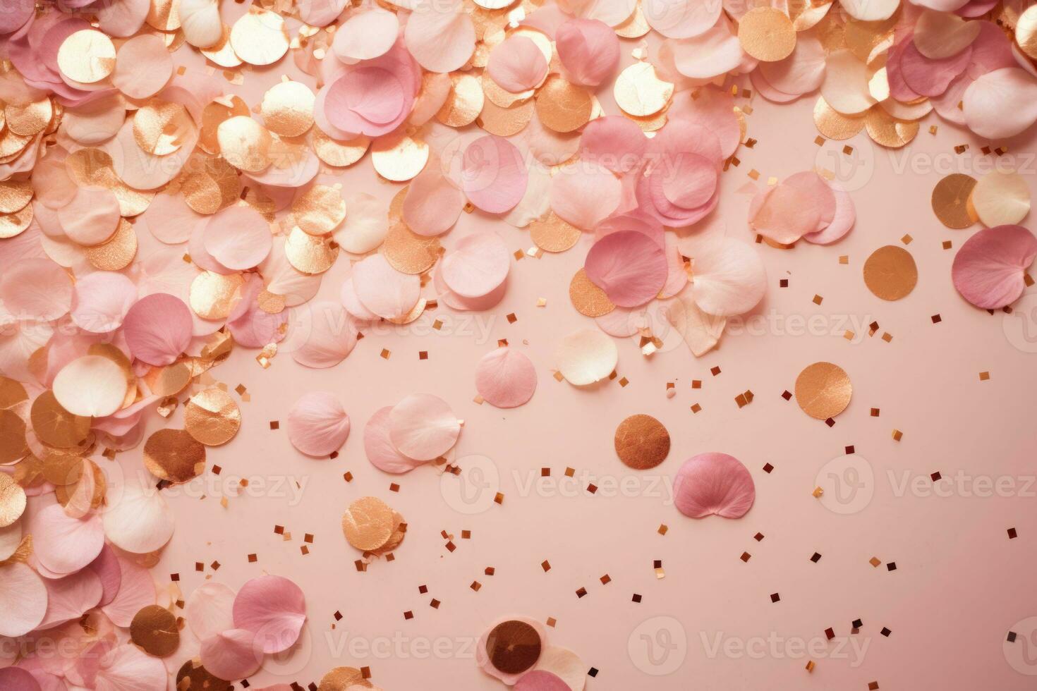 Pink foil confetti. Gold and pink color background. Explosion of confetti. AI generated photo