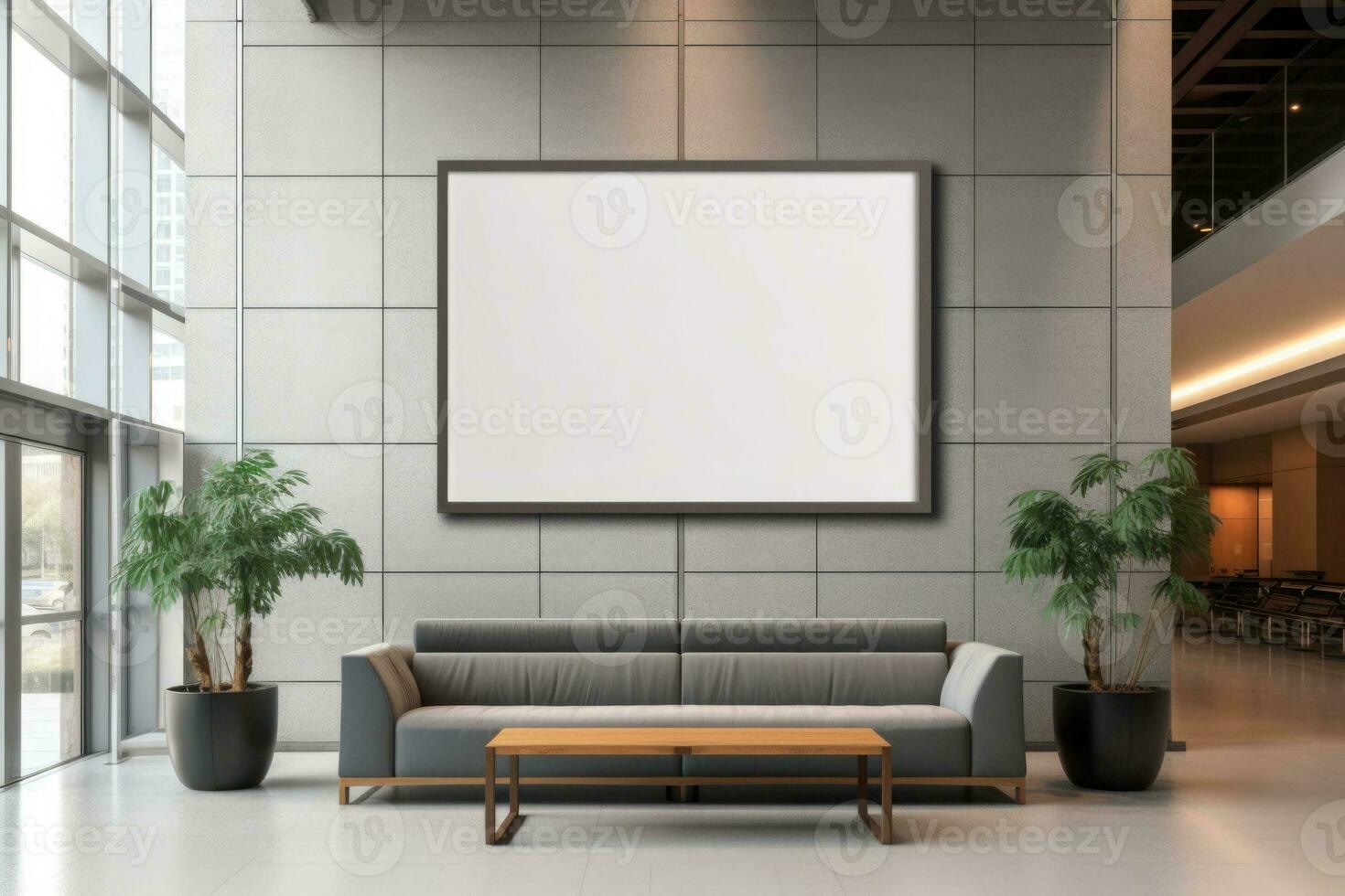 Advertising billboard frame on wall in office lobby copy space for mock up template. Generative AI photo