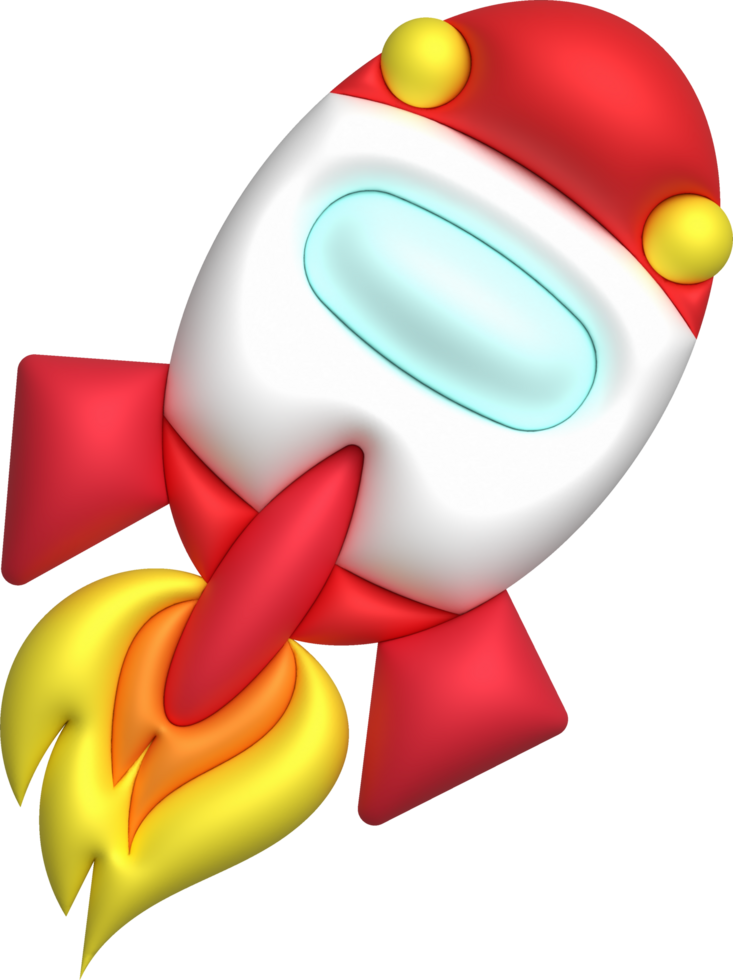 3d cartoon style minimal spaceship rocket icon. Toy rocket upswing. Startup, space, business concept. png