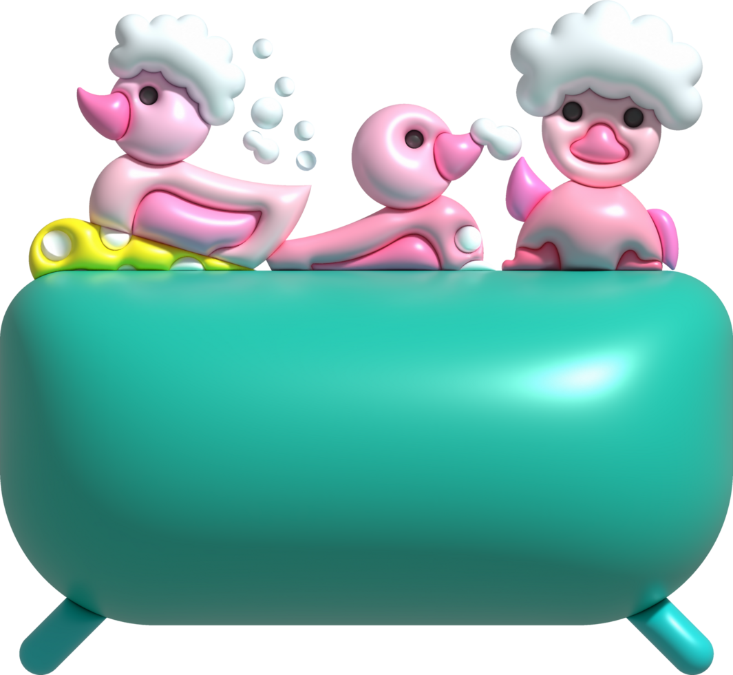 3D icon. Rubber duck playing with bubble water or bath toy in bathtub. png