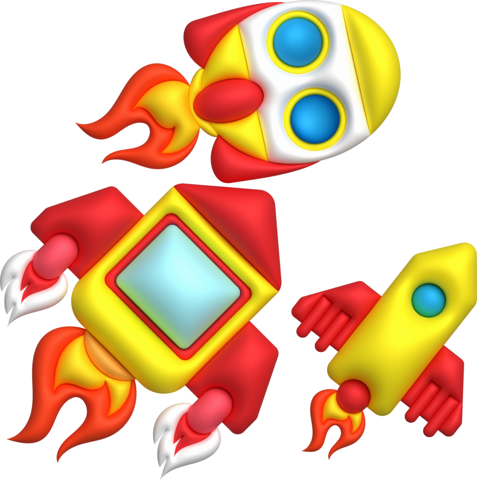 3d cartoon style minimal spaceship rocket icon. Toy rocket upswing. Startup, space, business concept. png