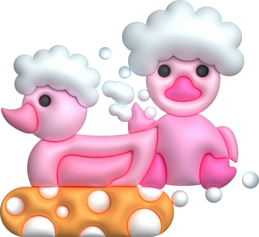 3d icon. Rubber duck playing in bubble bath or bath toy with rubber ring. Cute rubber floating for children. png
