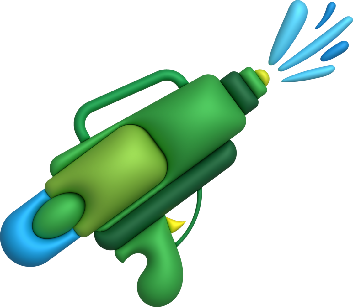 3d icon.Water gun illustration. Plastic summer toy. Colorful design for children. Gun with water splash. png