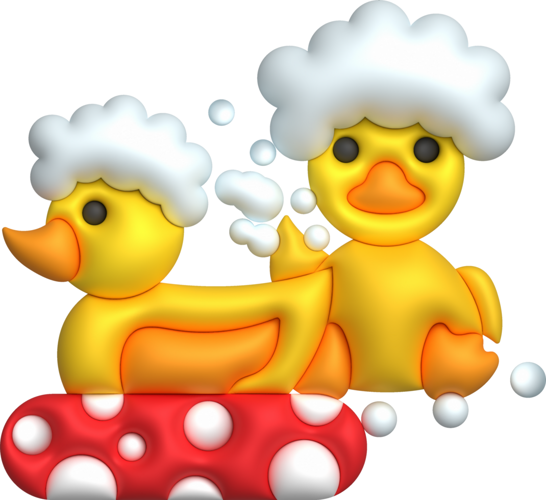 3d icon. Rubber duck playing in bubble bath or bath toy with rubber ring. Cute rubber floating for children. png