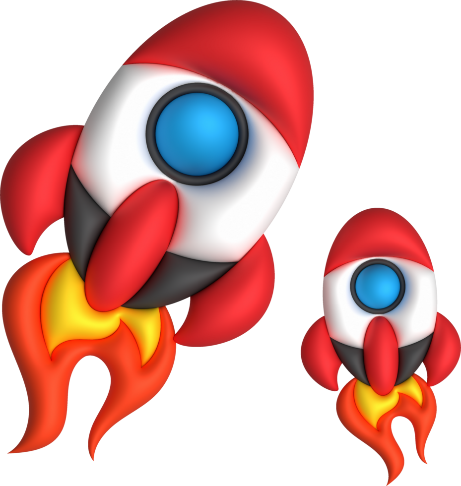 3d cartoon style minimal spaceship rocket icon. Toy rocket upswing. Startup, space, business concept. png