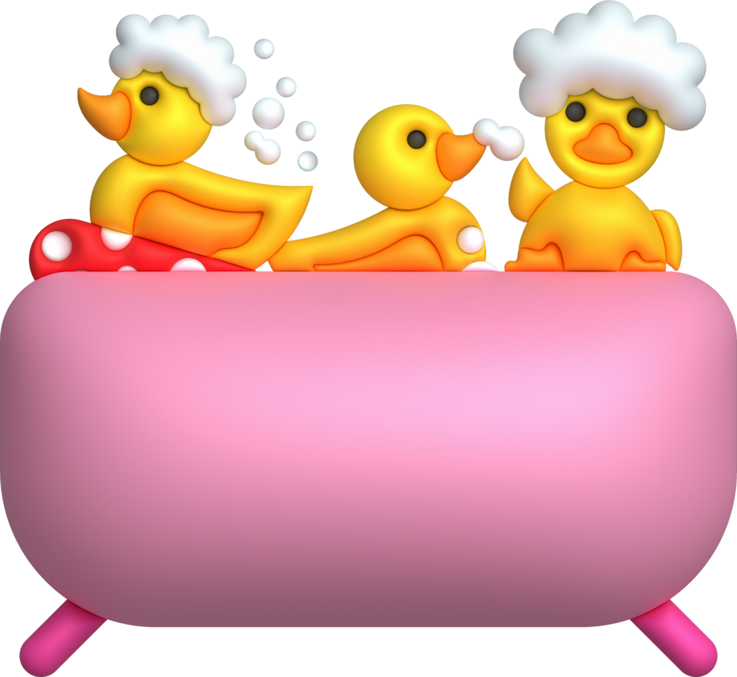 3D icon. Rubber duck playing with bubble water or bath toy in bathtub. png