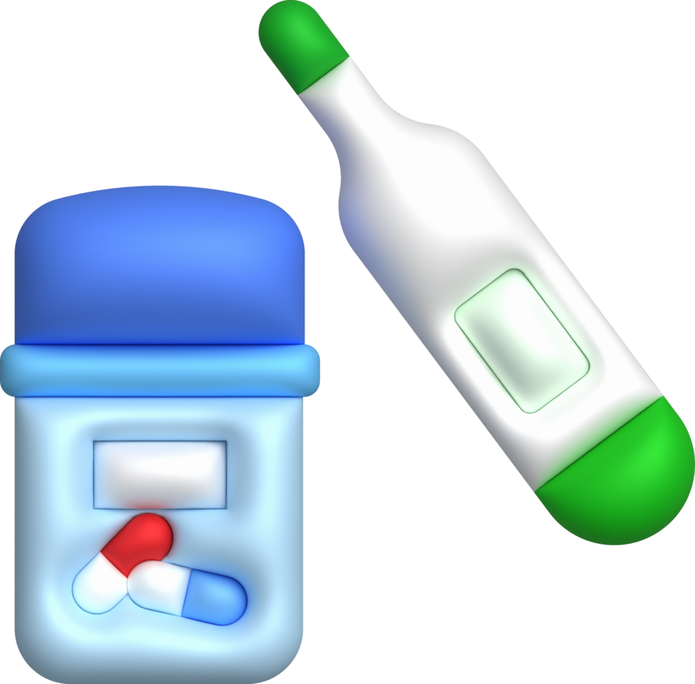 3D icon.Measurement thermometer and fever medicine bottle. png