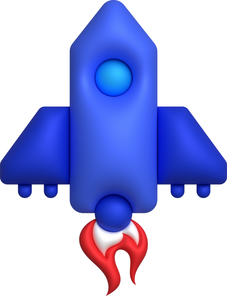3d cartoon style minimal spaceship rocket icon. Toy rocket upswing. Startup, space, business concept. png