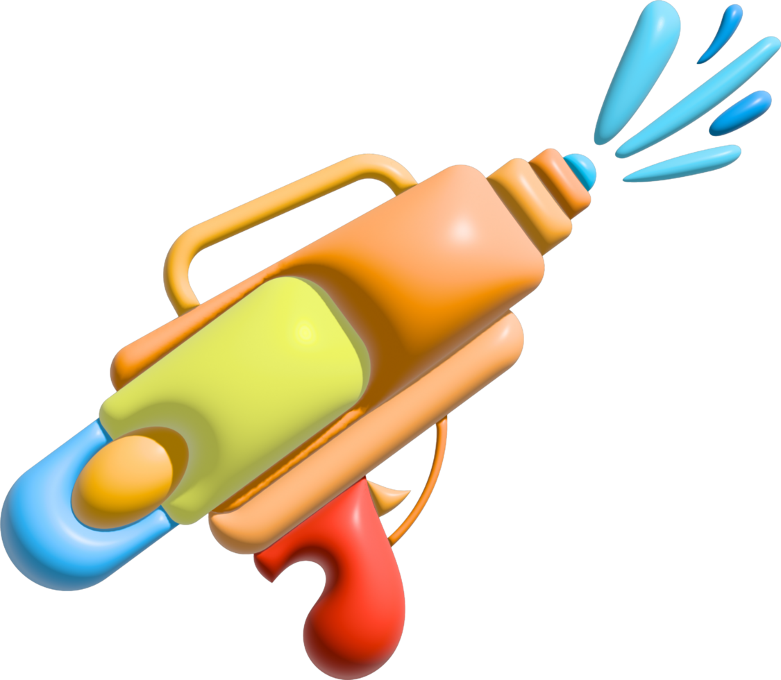 3d icon.Water gun illustration. Plastic summer toy. Colorful design for children. Gun with water splash. png