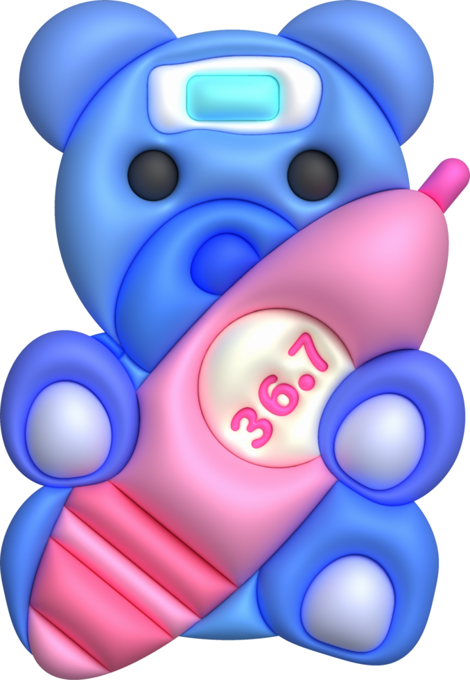 3D icon.Fever temperature measuring device and a teddy bear and a fever reducer on the forehead png